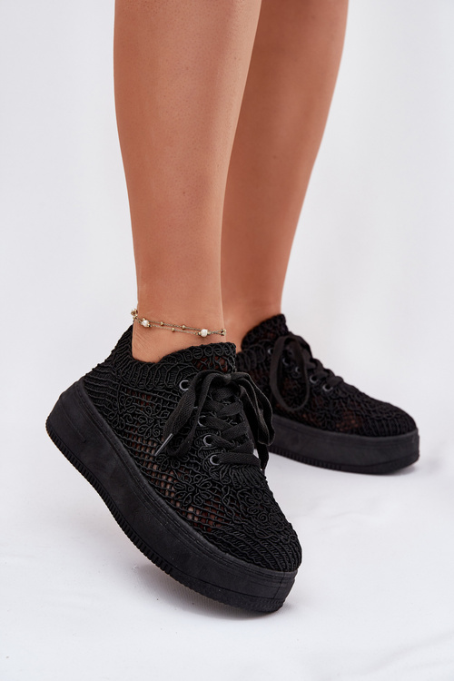 Damskie Sneakersy Z Szydełkową Cholewką Na Platformie Czarne Mirietto