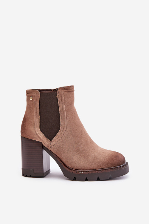 Warm Women's Heeled Boots Made of Eco Suede Beige Vinceza 58356