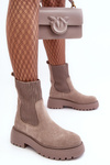 Women's Suede Boots With Sock On Platform And Flat Heel Dark Beige Rewam