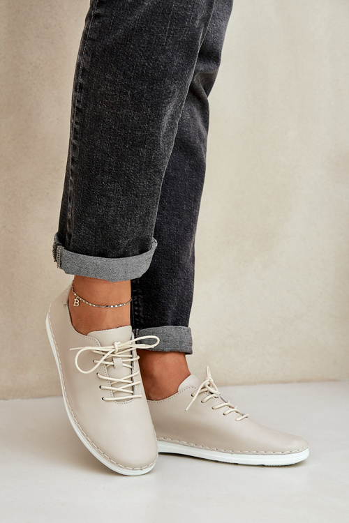 Półbuty Damskie Skóra Naturalna Sznurowane Beżowe D&A LR51-645