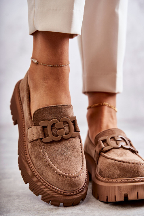 Półbuty Damskie Zamsz Ozdoba Ciemnobeżowe Leeza