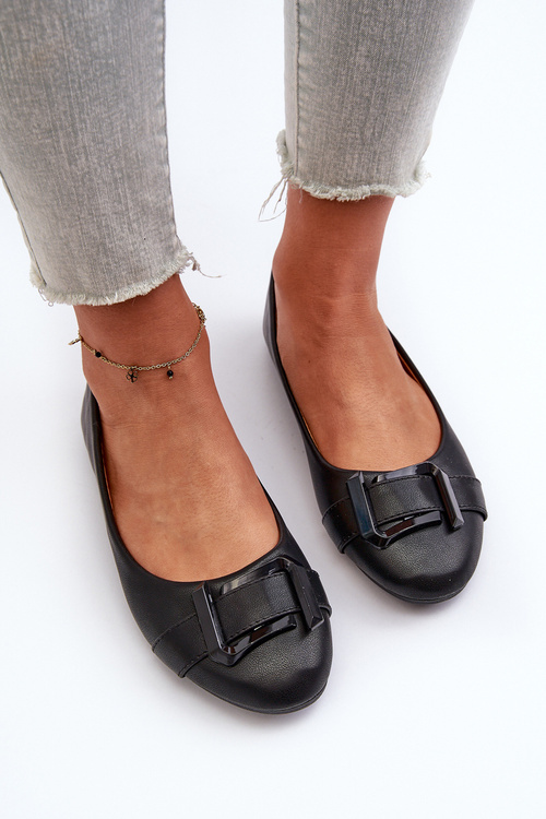 Baleriny Eko Skórzane Z Paskiem I Ozdobą Czarne Cadwenla 9988-69