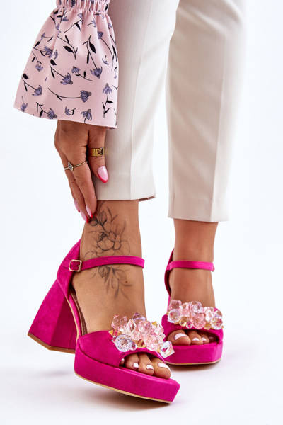 Fashionable Sandals With Crystals On Chunky Heels Fuchsia Garrett
