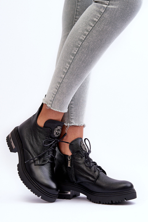 Botki Damskie Skóra Płaski Obcas Czarne Zazoo 60309