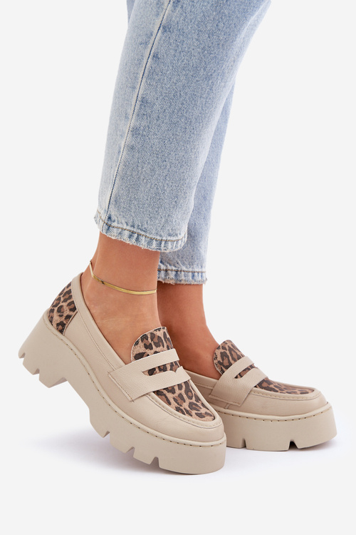 Mokasyny Damskie Skóra Naturalna Płaski Obcas Platforma Jasnobeżowe Zazoo 20191