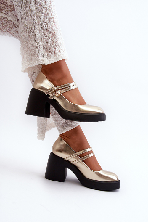 Faux Leather Pumps on Chunky Heel Gold Halmina