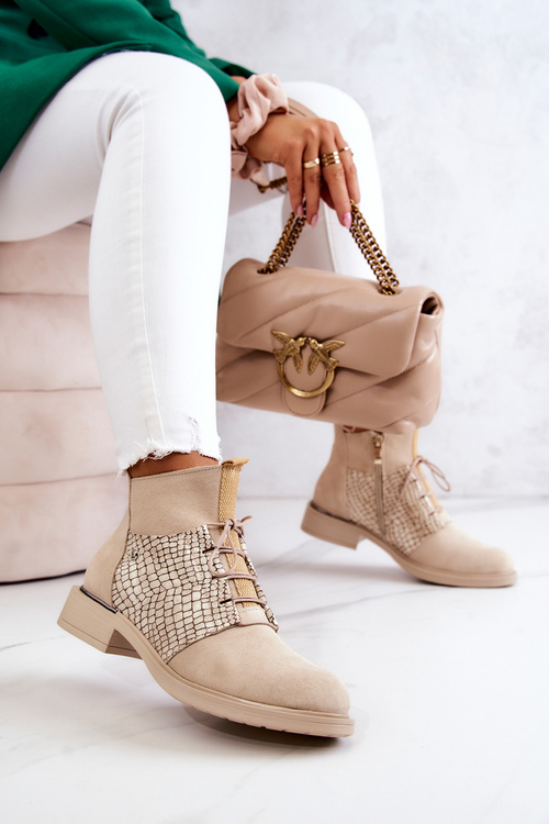 Women's Suede Ankle Boots with a Snake Pattern Light Beige Sonroe