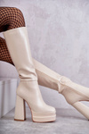 Fashionable Leather Boots On Chunky Heels Beige Meggie