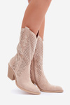 Perforated Cowboy Boots On A Heel Light Beige Salive