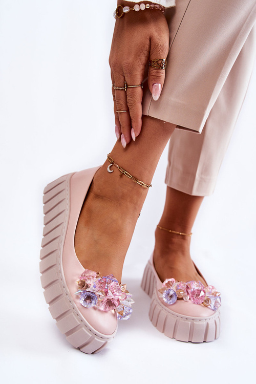 Baleriny Skórzane Platforma Kolorowa Ozdoba Różowe Ladette