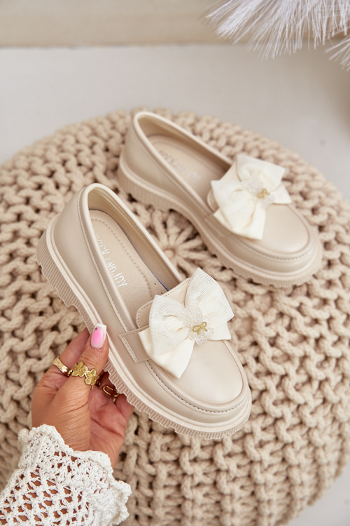 Girls moccasins with bow eco leather beige Avallesa