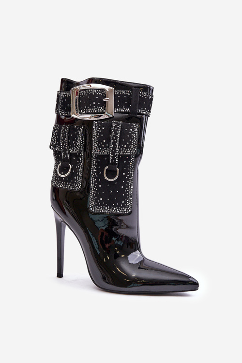 Embellished ankle boots made of patent eco leather on stiletto black