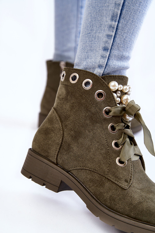 Suede insulated boots with a zipper with pearls Green Raiso