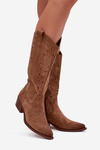 Cowboy Boots With Perforated Pattern On Low Heel Khaki Selirae