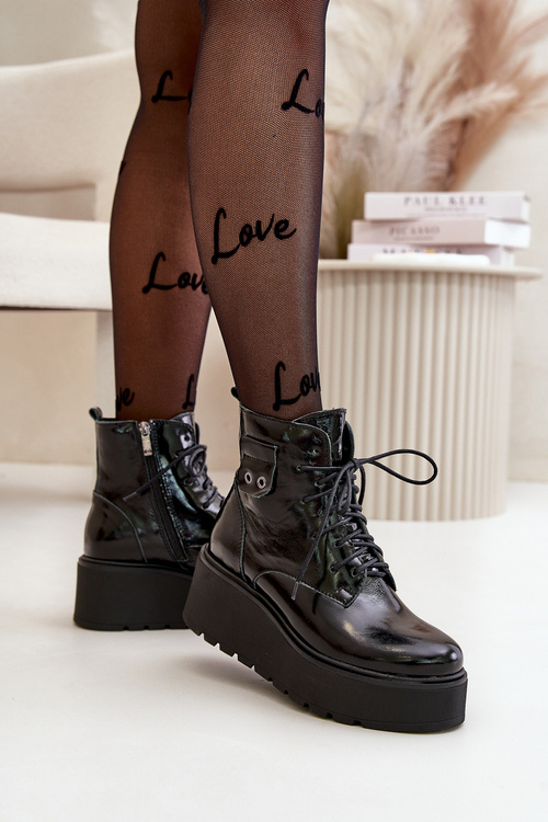 Zazoo 60499 Lacquered Women's Ankle Boots On Platform And Wedge Insulated Natural Leather Dark Green