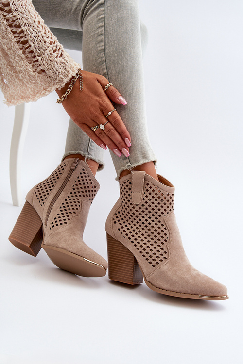 Beige Lace-Up Women's Ankle Boots in Eco Suede on Block Heel Stardara
