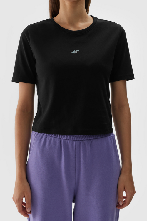 Women's Cotton T-shirt Slim Cropped 4F Black 4FWAW24TTSHF1701-20S