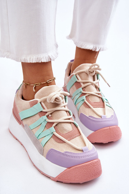 Buty Sportowe Damskie Zamsz Platforma Beżowo-Różowe Rohan