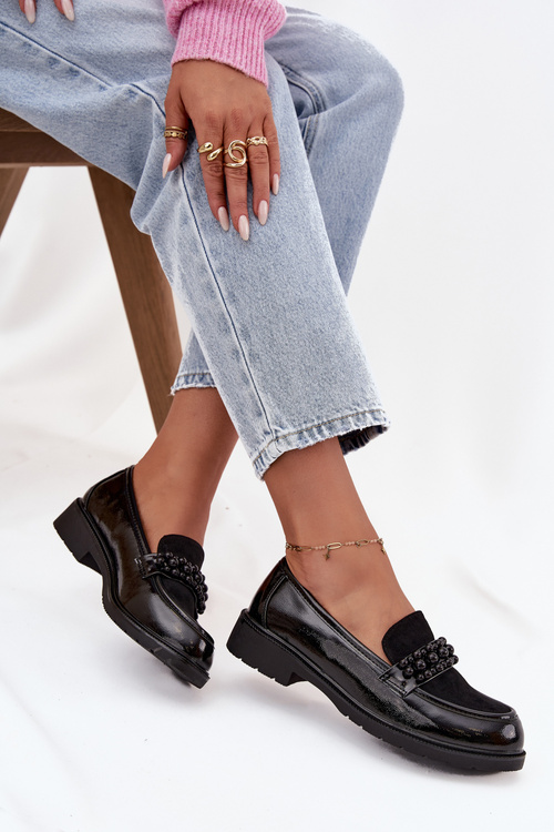 Women's Patent Loafers With Beads S.Barski HY52-541 Black