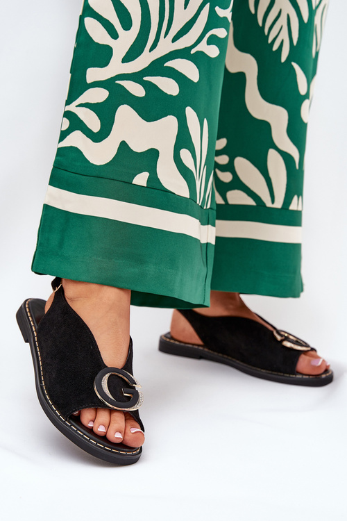 Elegant Women's Sandals with Gold Decoration on Flat Heel Black S.Barski KV27-053