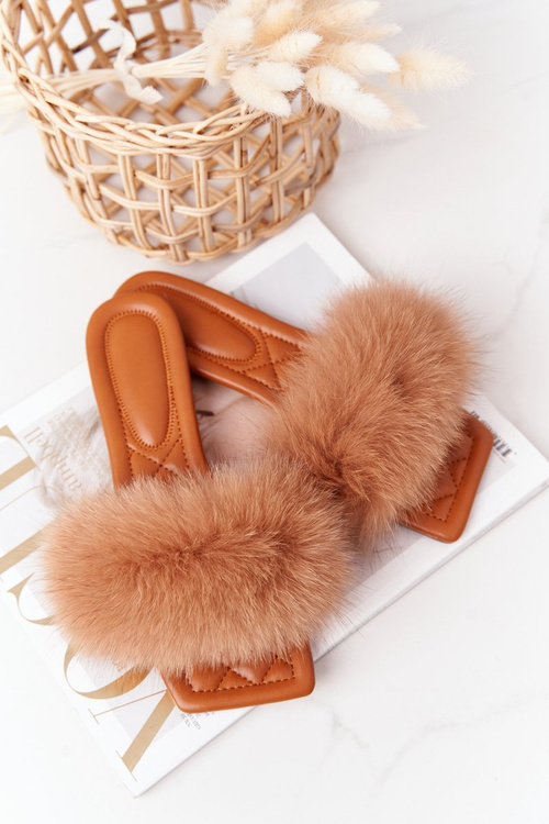 Leather Slippers With Eco Fur Camel Love You So