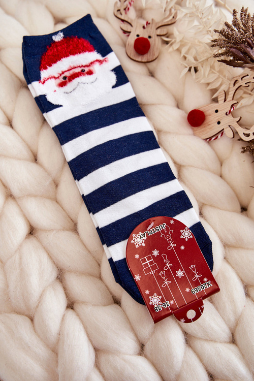 Women's Funny Christmas Socks In stripes with Santa Claus Navy blue and white