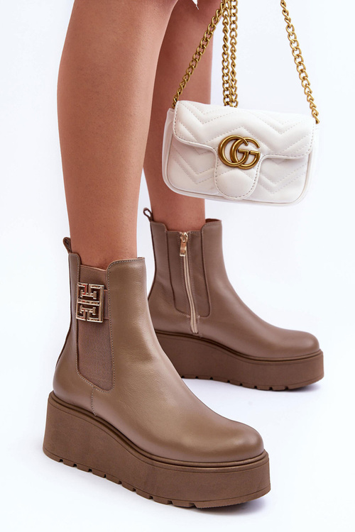 Women's Leather Boots On Massive Platform Dark Beige Savira