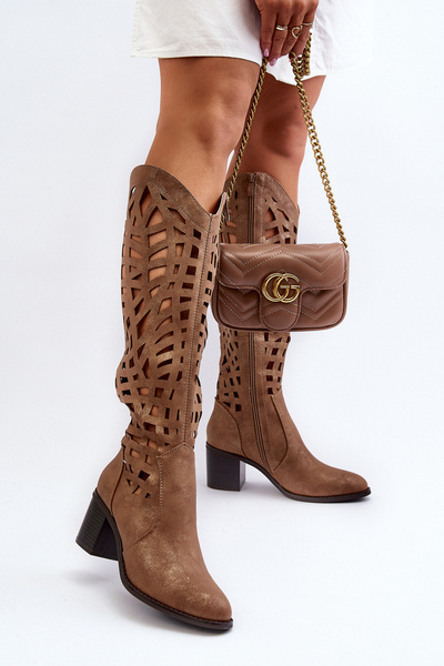 Brown Lacy Boots with Heels Pinkema