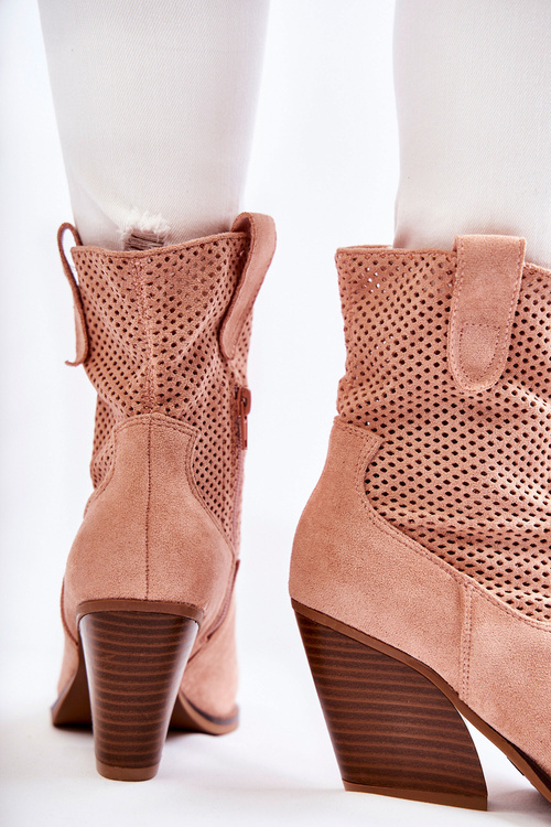 Botki Kowbojki Damskie Zamsz Ażurowe Różowe Eleonore