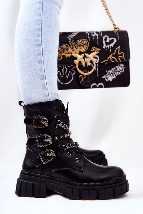 Tiered Boots with Chain Buckle Black Reiloy
