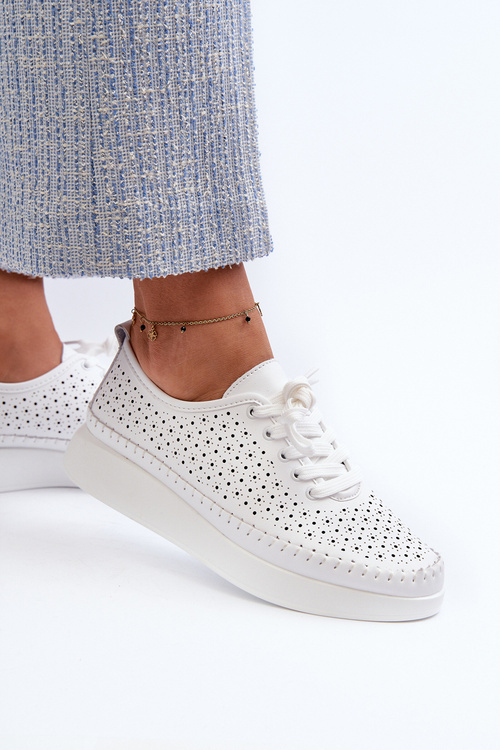 Sneakersy Damskie Skórzane Na Platformie Białe S.Barski LR278