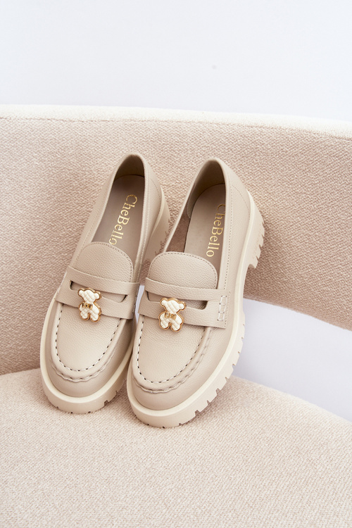 Półbuty Mokasyny Skórzane Damskie Z Misiem Jasnobeżowe CheBello 4291