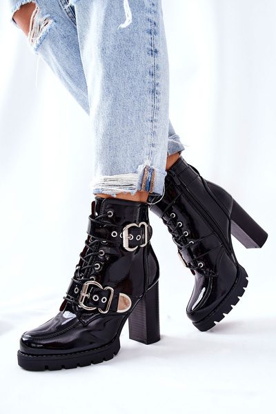 Ankle Boots Shiny Black With Buckle Flaris