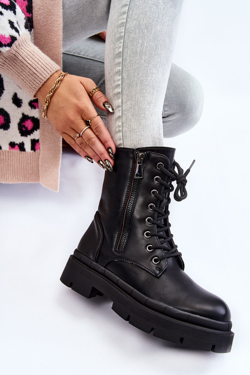 Botki Trapery Damskie Skóra Sznurowane Czarne Shanna