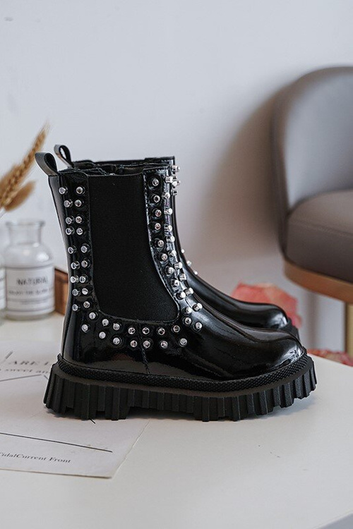 Girls' Shiny Ankle Boots Decorated with Rhinestones Black Adelie