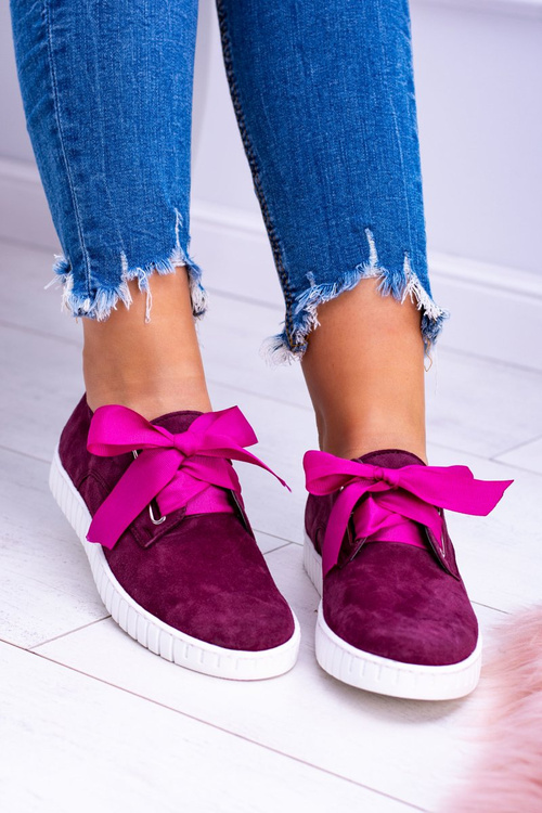 Bordowe Skórzane Damskie Tenisówki Loop