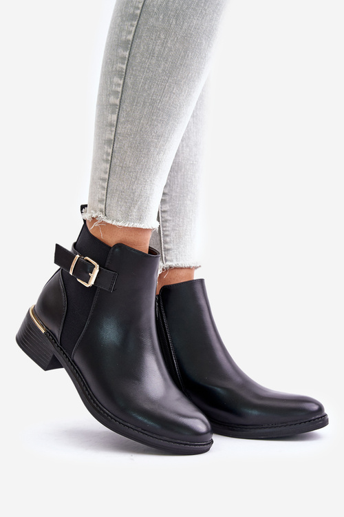 Women's Ankle Boots on Low Heels Insulated with Golden Buckle Black Inomira