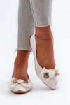 Women's Eco Leather Ballerina Flats with Bow and Brooch White Satris