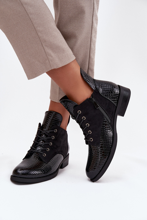 Patent Leather Women's Ankle Boots with Decorative Embossing Insulated Vinceza 16477 Black