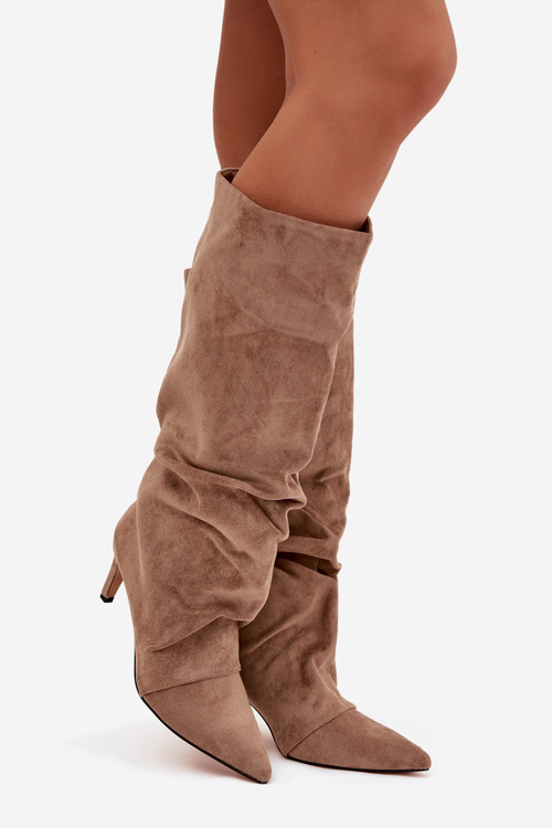 Wrinkled Boots on Heel Made of Eco Suede Lined Beige Mavella