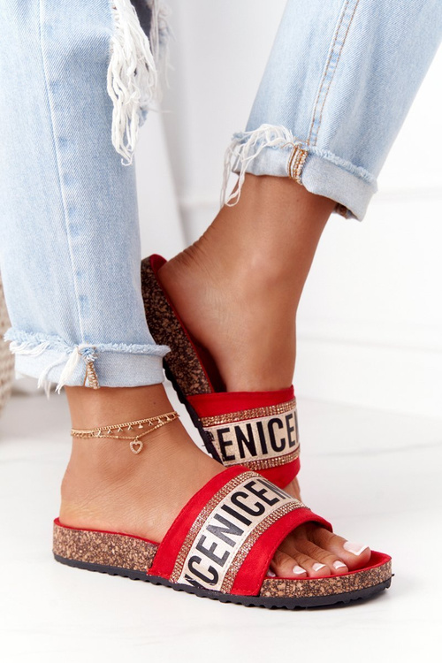 Slippers On Cork Sole With Cubic Zirconia Red Be Nice