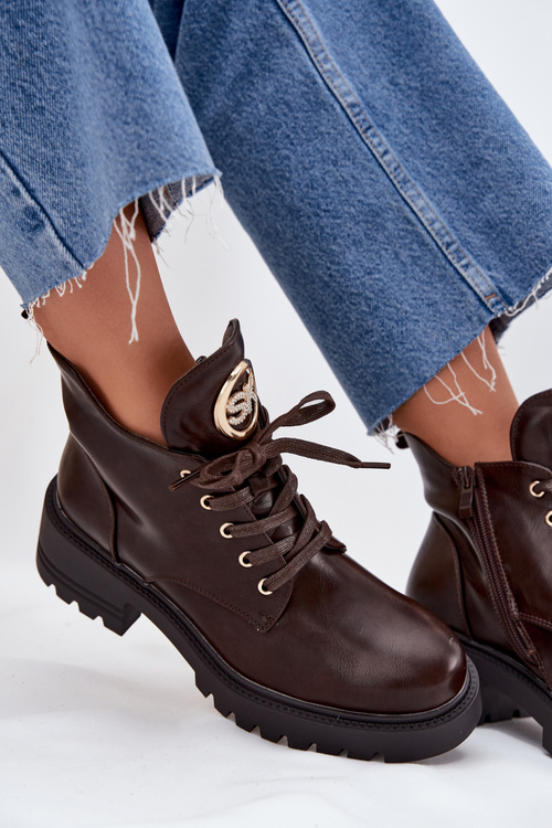 Warm Lined Women's Ankle Boots with Golden Detail Chocolate Kavirae