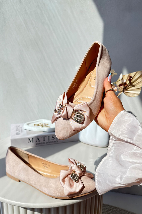 Women's Eco Suede Ballerina Flats with Bow and Brooch Beige Satris