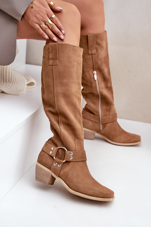 Kozaki Niski Obcas Naturalny Zamsz Cholewka Przed Kolano Camel Zazoo 3444/O