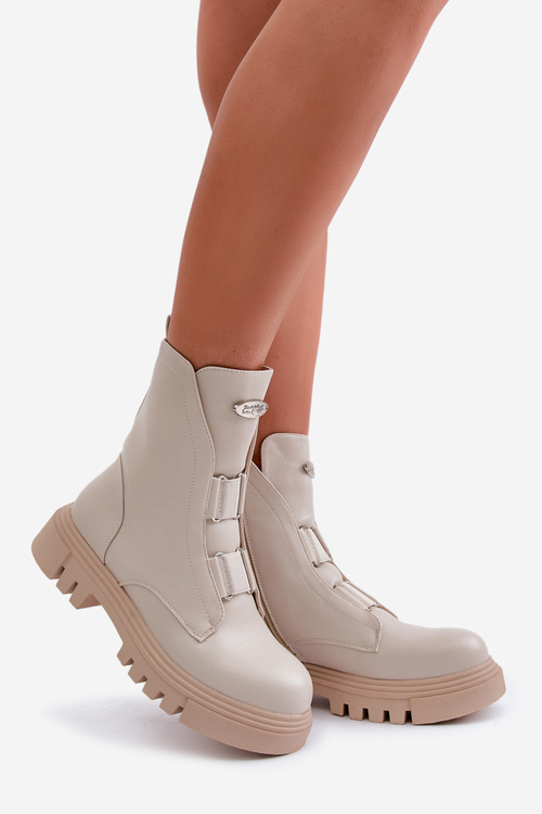 Fleece Lined Women's Worker Boots with Zip Eco Leather Light Beige Mailyra