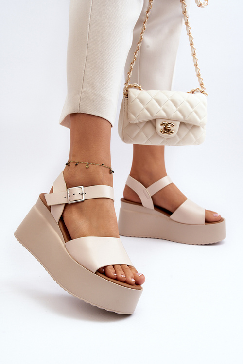 Sandały Damskie Na Koturnie Beżowe PS18