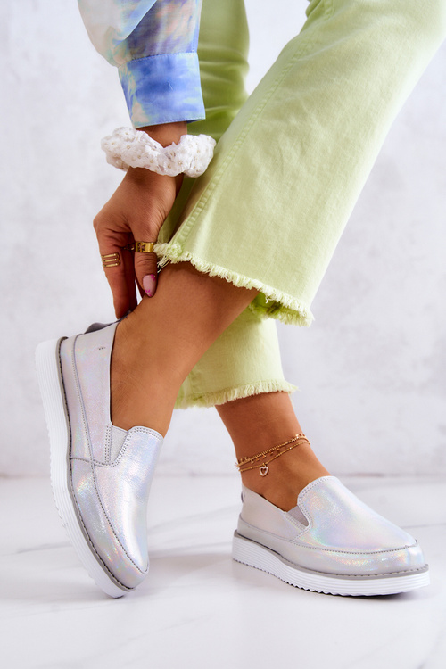 Tenisówki Skórzane Slip-On Damskie Holograficzne Srebrne