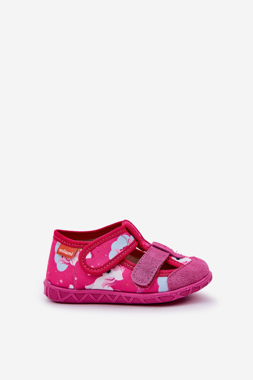 Children's slippers Milami with Velcro in unicorns fuchsia Reathiana