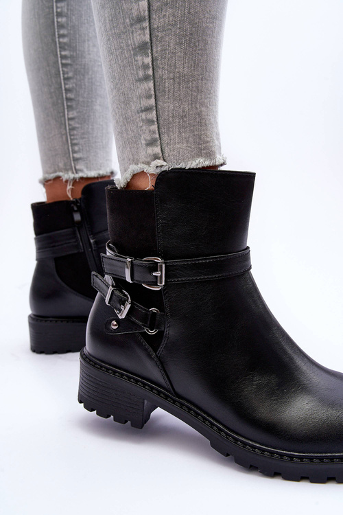 Botki Damskie Skóra Paski Czarne Minks M715