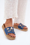 Ladies Slippers With Golden Accents On Platform Navy Rigasta